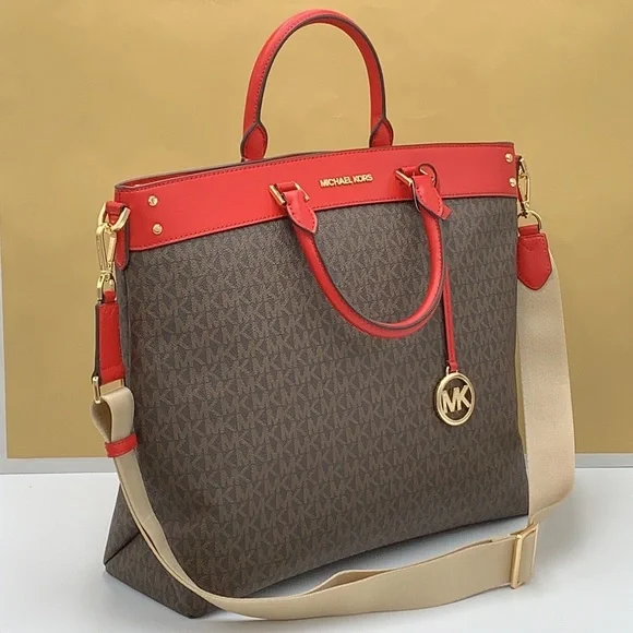 Michael Kors Travel Large Top Zip North South Tote Bag Flame/Brown signa… - Picture 6 of 16